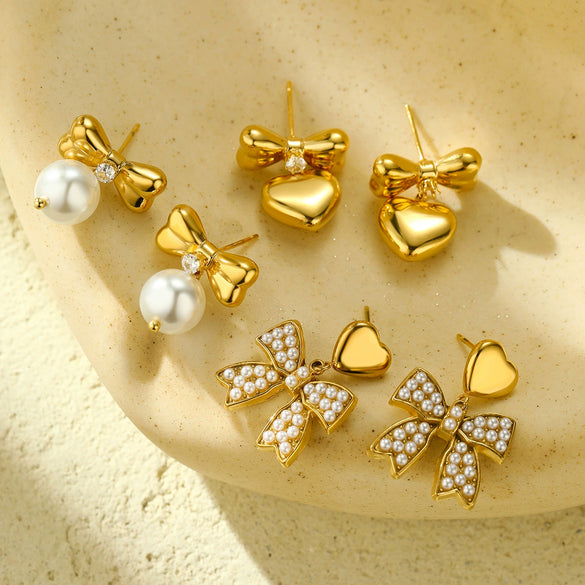 Fashionable Bow Titanium Steel And Stainless Steel Earrings For Women With Electroplating Treatment And Zircon Inlay