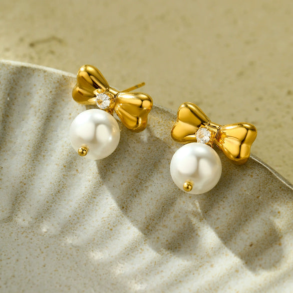 Fashionable Bow Titanium Steel And Stainless Steel Earrings For Women With Electroplating Treatment And Zircon Inlay