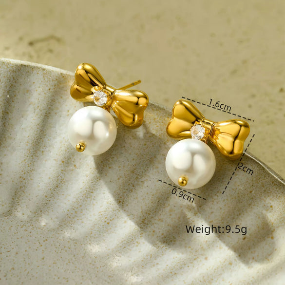 Fashionable Bow Titanium Steel And Stainless Steel Earrings For Women With Electroplating Treatment And Zircon Inlay