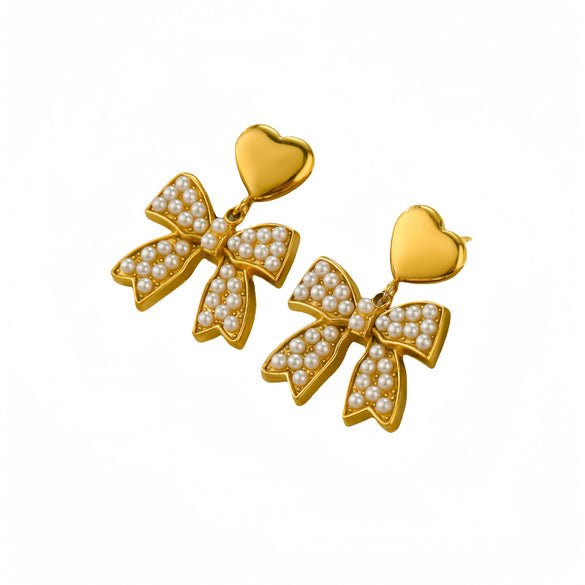 Fashionable Bow Titanium Steel And Stainless Steel Earrings For Women With Electroplating Treatment And Zircon Inlay