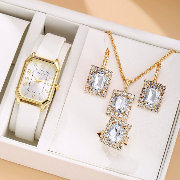 Fashionable Casual Leather Women's Square Quartz Watch And Rhinestone Jewelry Set With Stainless Steel And Pu Materials