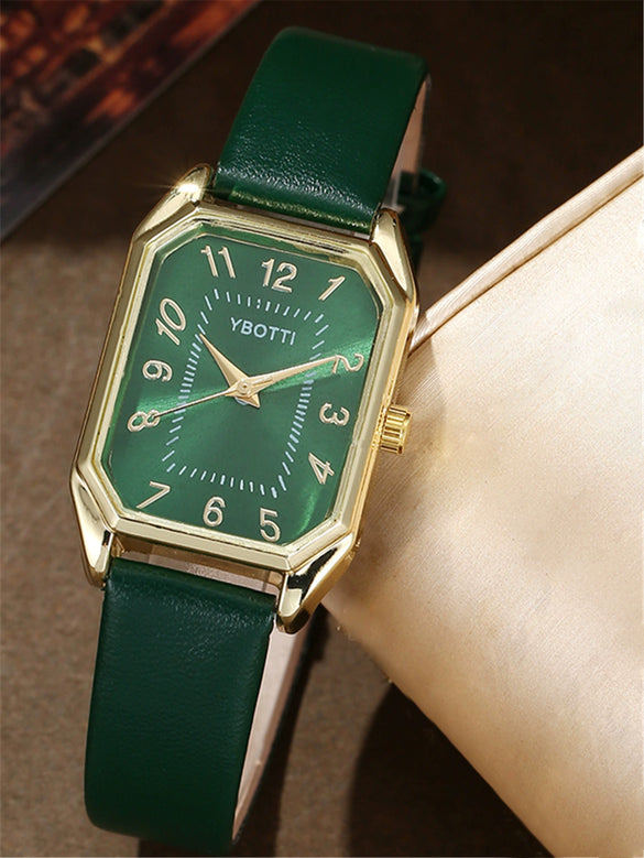 Fashionable Casual Leather Women's Square Quartz Watch And Rhinestone Jewelry Set With Stainless Steel And Pu Materials