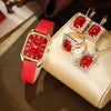 Fashionable Casual Leather Women's Square Quartz Watch And Rhinestone Jewelry Set With Stainless Steel And Pu Materials