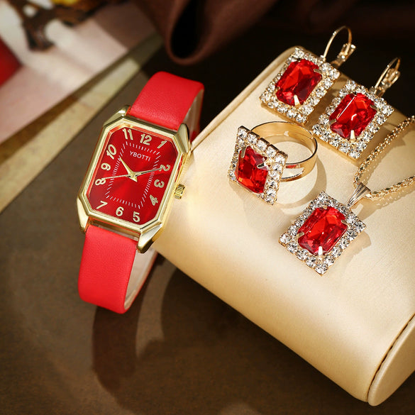 Fashionable Casual Leather Women's Square Quartz Watch And Rhinestone Jewelry Set With Stainless Steel And Pu Materials