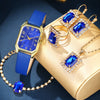 Fashionable Casual Leather Women's Square Quartz Watch And Rhinestone Jewelry Set With Stainless Steel And Pu Materials