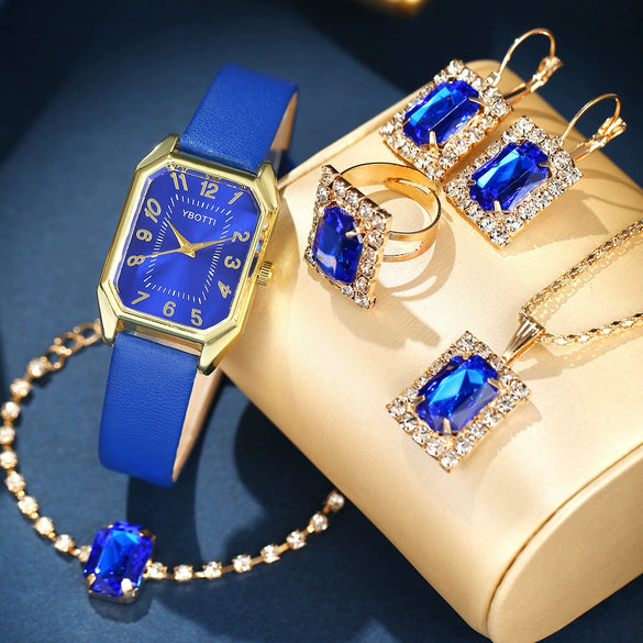 Fashionable Casual Leather Women's Square Quartz Watch And Rhinestone Jewelry Set With Stainless Steel And Pu Materials