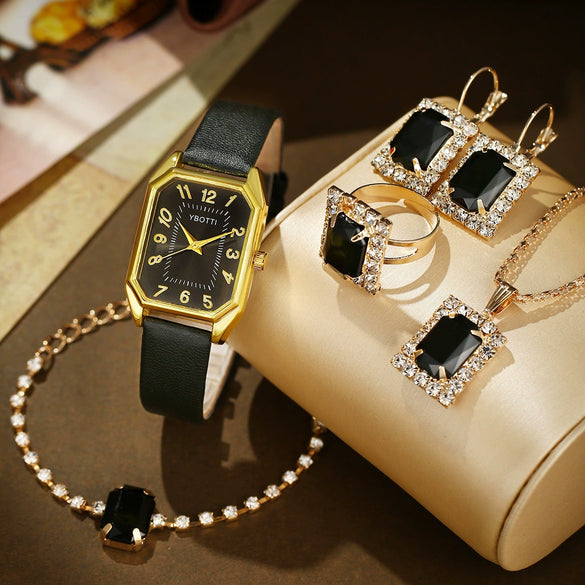 Fashionable Casual Leather Women's Square Quartz Watch And Rhinestone Jewelry Set With Stainless Steel And Pu Materials