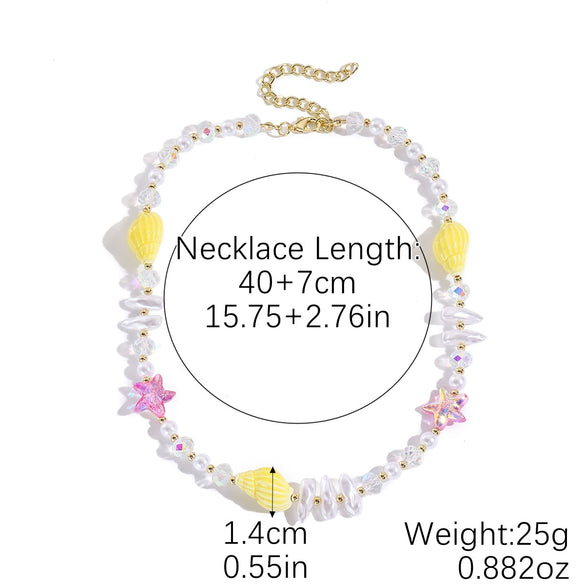 Fashionable Colorful Conch And Starfish Beaded Necklace And Bracelet Set With Imitation Pearls Porcelain Pendant Sea Life Pattern Electroplating For Women