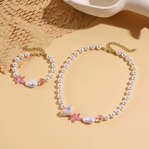 Fashionable Colorful Conch And Starfish Beaded Necklace And Bracelet Set With Imitation Pearls Porcelain Pendant Sea Life Pattern Electroplating For Women