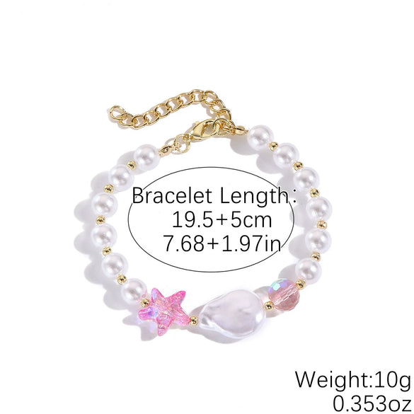 Fashionable Colorful Conch And Starfish Beaded Necklace And Bracelet Set With Imitation Pearls Porcelain Pendant Sea Life Pattern Electroplating For Women