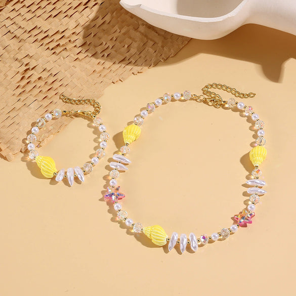 Fashionable Colorful Conch And Starfish Beaded Necklace And Bracelet Set With Imitation Pearls Porcelain Pendant Sea Life Pattern Electroplating For Women