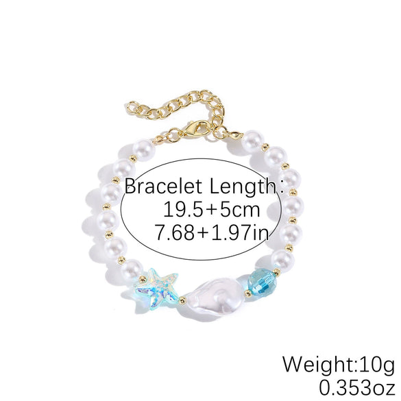 Fashionable Colorful Conch And Starfish Beaded Necklace And Bracelet Set With Imitation Pearls Porcelain Pendant Sea Life Pattern Electroplating For Women