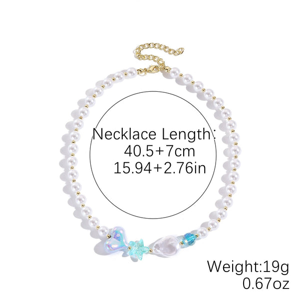 Fashionable Colorful Conch And Starfish Beaded Necklace And Bracelet Set With Imitation Pearls Porcelain Pendant Sea Life Pattern Electroplating For Women
