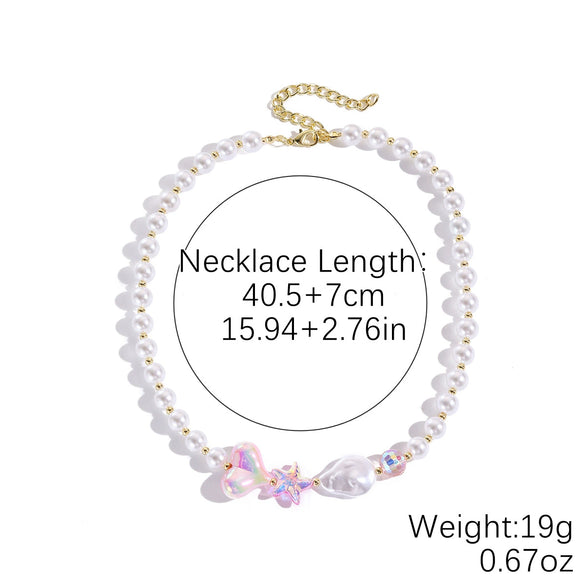 Fashionable Colorful Conch And Starfish Beaded Necklace And Bracelet Set With Imitation Pearls Porcelain Pendant Sea Life Pattern Electroplating For Women