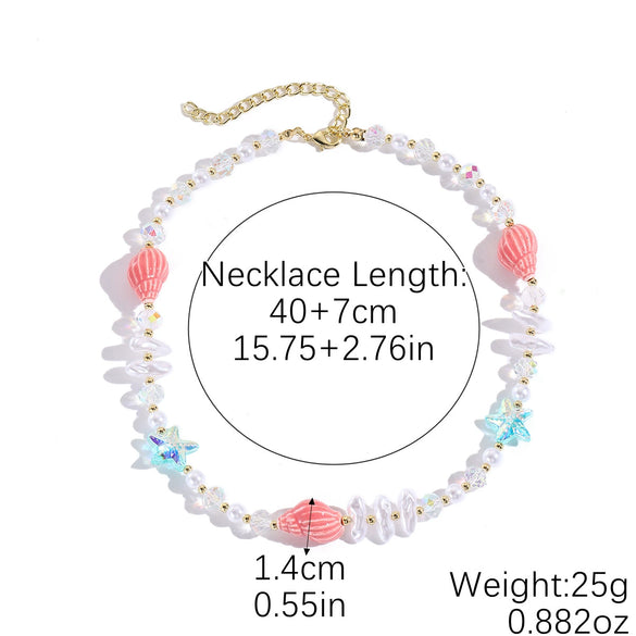 Fashionable Colorful Conch And Starfish Beaded Necklace And Bracelet Set With Imitation Pearls Porcelain Pendant Sea Life Pattern Electroplating For Women