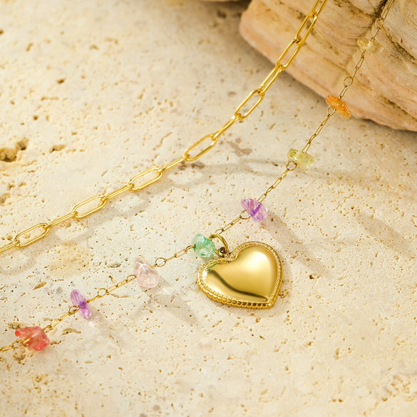 Fashionable Colorful Natural Stone Heart Double Layer Stacked 18K Gold Plated Titanium Steel Necklace For Women
