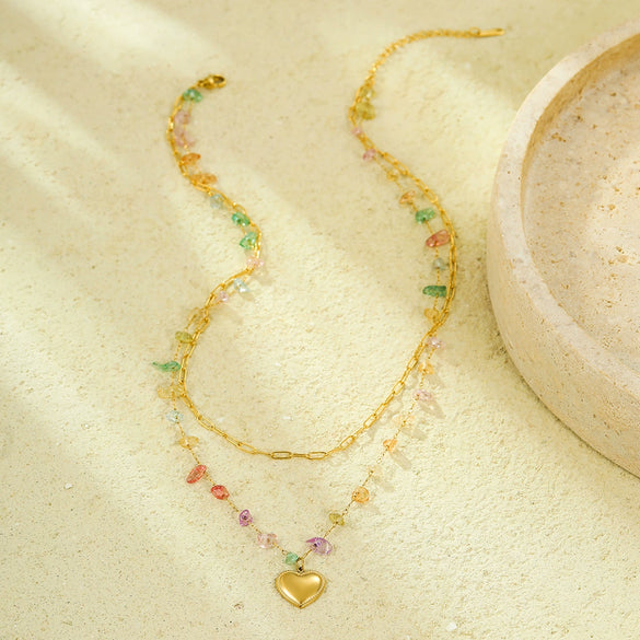 Fashionable Colorful Natural Stone Heart Double Layer Stacked 18K Gold Plated Titanium Steel Necklace For Women