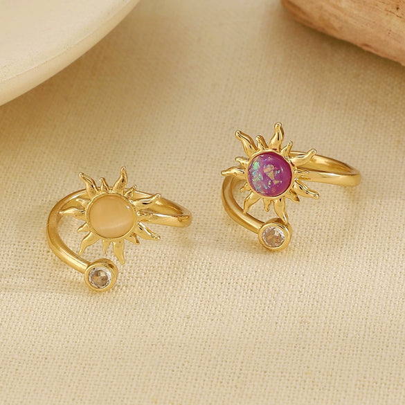 Fashionable Cool Trendy Women's Copper Inlaid Zirconium Cat's Eye Sunflower Ring Electroplated