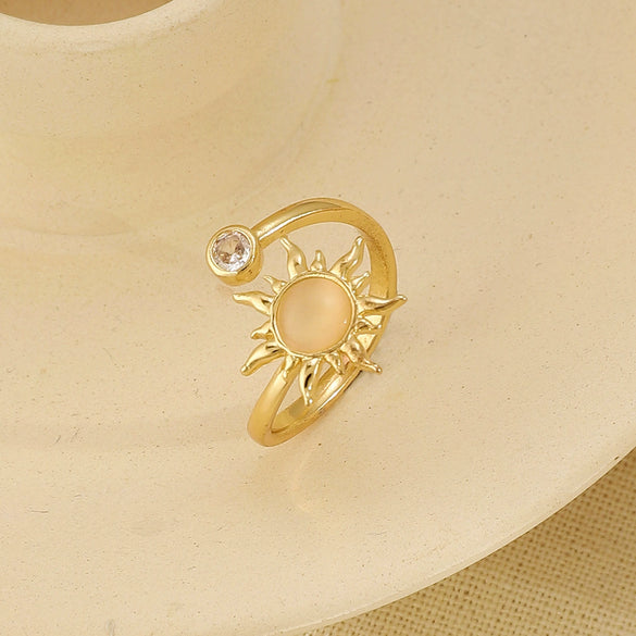 Fashionable Cool Trendy Women's Copper Inlaid Zirconium Cat's Eye Sunflower Ring Electroplated