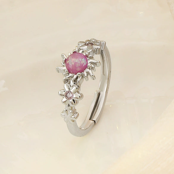 Fashionable Cool Trendy Women's Copper Inlaid Zirconium Cat's Eye Sunflower Ring Electroplated