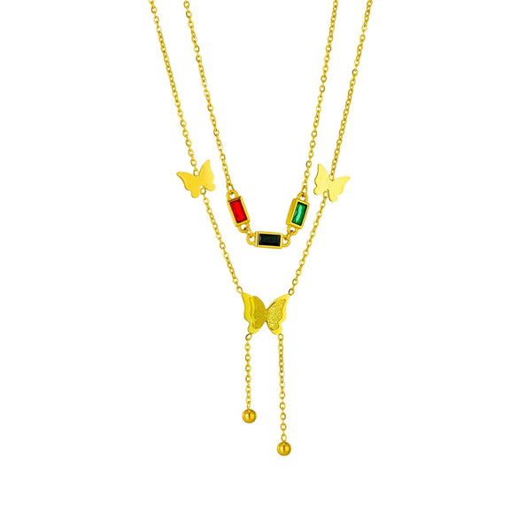 Fashionable Double Layer Frosted Three Dimensional Butterfly Tassel Clavicle Chain Necklace In Color Diamond Titanium Steel With Electroplating Geometric Pattern