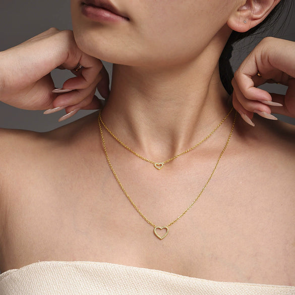Fashionable Doublelayer Love Cnc Inlaid Zircon Stainless Steel And Titanium Steel Necklace With Geometric Design And Electroplating Treatment
