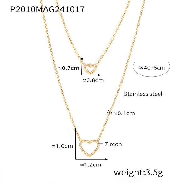 Fashionable Doublelayer Love Cnc Inlaid Zircon Stainless Steel And Titanium Steel Necklace With Geometric Design And Electroplating Treatment