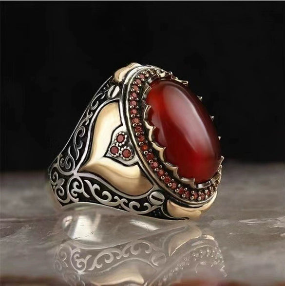 Fashionable Electroplated Metal Ring With Red Geometric Design And Round Shape For Women And Unisex Jewelry