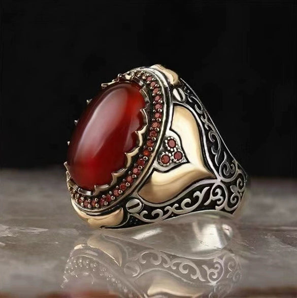 Fashionable Electroplated Metal Ring With Red Geometric Design And Round Shape For Women And Unisex Jewelry