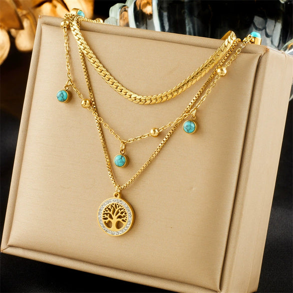 Fashionable Elegant Simple Design Multi Layer Stacked Clavicle Chain With Life Tree Turquoise Pendant Stainless Steel Necklace Electroplated