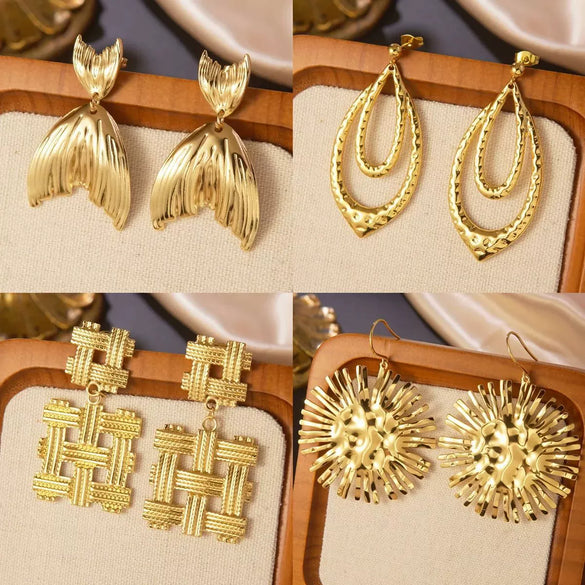 Fashionable Exaggerated Personality Fishtail Hollow Water Drop Geometric Shape Stainless Steel Earrings Stamping Process