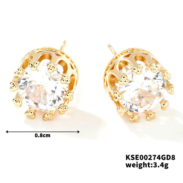 Fashionable Exquisite Gold Electroplated Titanium Steel Copper Earrings With Crown Pattern And Super Flash Zircon