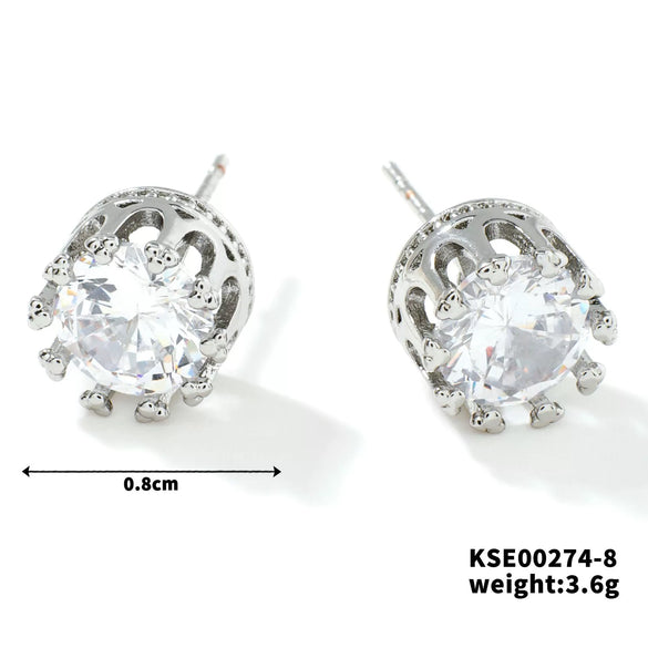 Fashionable Exquisite Gold Electroplated Titanium Steel Copper Earrings With Crown Pattern And Super Flash Zircon