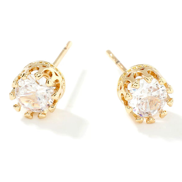Fashionable Exquisite Gold Electroplated Titanium Steel Copper Earrings With Crown Pattern And Super Flash Zircon