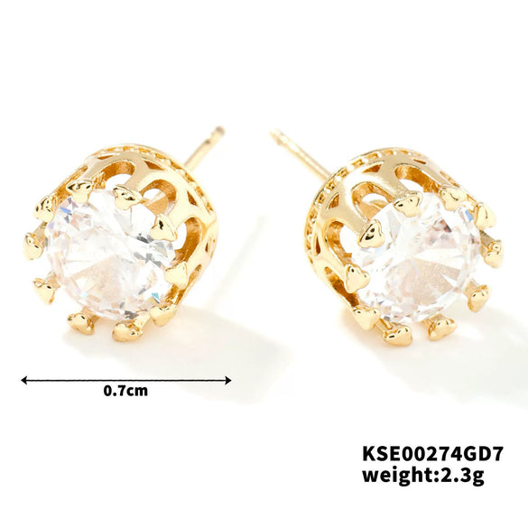 Fashionable Exquisite Gold Electroplated Titanium Steel Copper Earrings With Crown Pattern And Super Flash Zircon