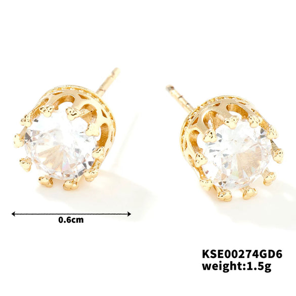 Fashionable Exquisite Gold Electroplated Titanium Steel Copper Earrings With Crown Pattern And Super Flash Zircon