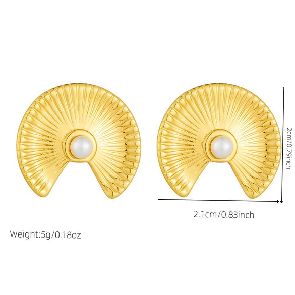 Fashionable Fanshaped Pearl Stainless Steel Goldplated Earrings For Women