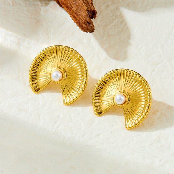 Fashionable Fanshaped Pearl Stainless Steel Goldplated Earrings For Women