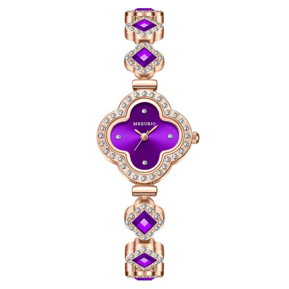 Fashionable Fourleaf Clover Women's Metal Bracelet Quartz Watch With Flower Shape Dial