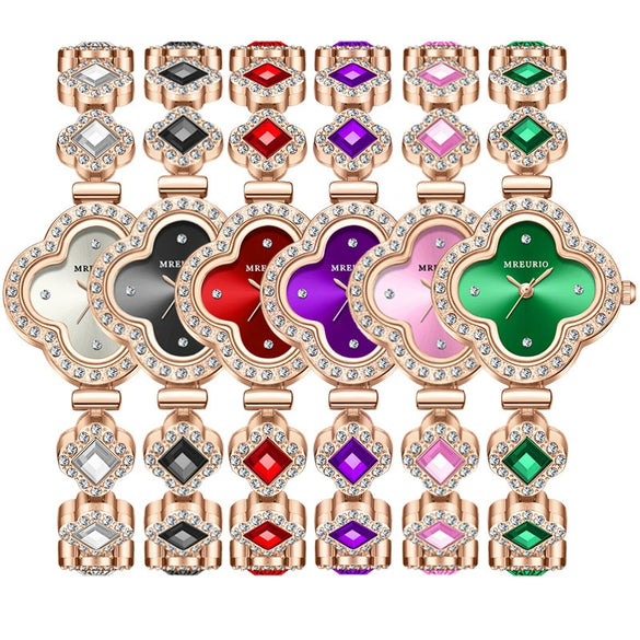 Fashionable Fourleaf Clover Women's Metal Bracelet Quartz Watch With Flower Shape Dial