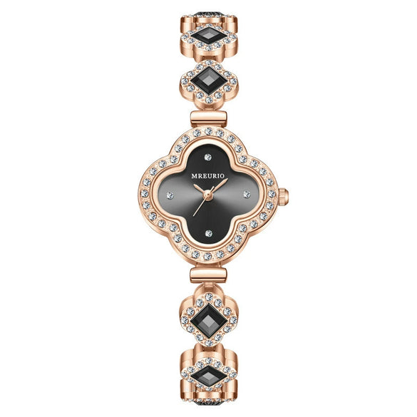 Fashionable Fourleaf Clover Women's Metal Bracelet Quartz Watch With Flower Shape Dial