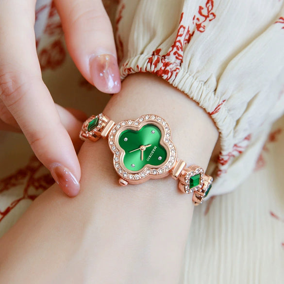 Fashionable Fourleaf Clover Women's Metal Bracelet Quartz Watch With Flower Shape Dial