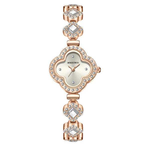 Fashionable Fourleaf Clover Women's Metal Bracelet Quartz Watch With Flower Shape Dial