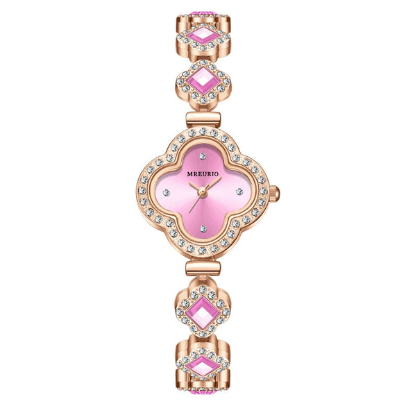 Fashionable Fourleaf Clover Women's Metal Bracelet Quartz Watch With Flower Shape Dial