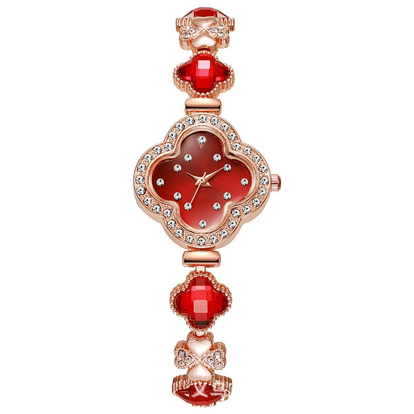 Fashionable Fresh Style Women's Alloy And Stainless Steel Rhinestone Fourleaf Clover Bracelet Watch