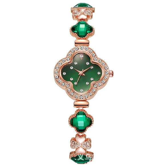 Fashionable Fresh Style Women's Alloy And Stainless Steel Rhinestone Fourleaf Clover Bracelet Watch