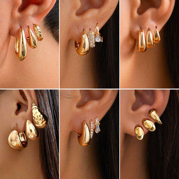 Fashionable Geometric Metal Women's Ushaped Earrings With Diamond Drop And Electroplating