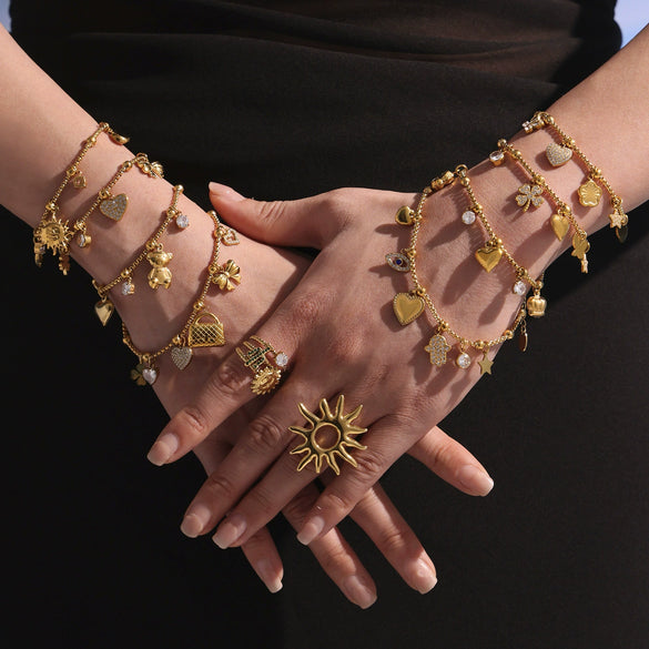 Fashionable Geometric Stainless Steel Goldplated Ferris Wheel Heart Bow Multiaccessory Bracelet And Anklet For Women