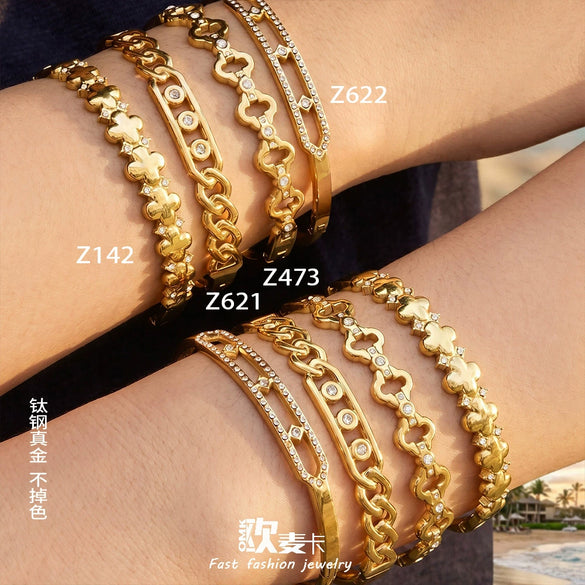 Fashionable Geometric Zirconencrusted Hollow Stainless Steel 18K Goldplated Bracelet