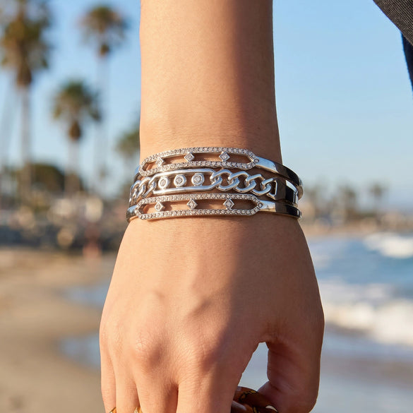 Fashionable Geometric Zirconencrusted Hollow Stainless Steel 18K Goldplated Bracelet